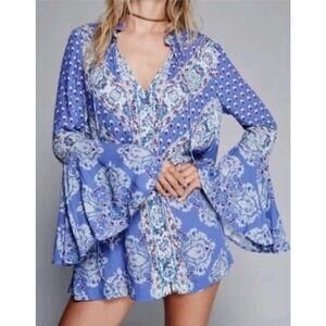 Free People Size Large Magic Mystery Blue Tunic Top Mini Dress MSRP $148